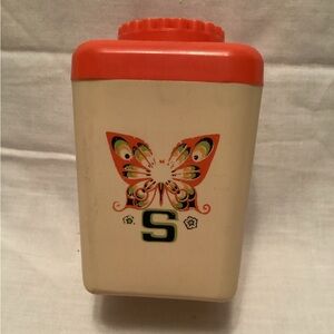 Salt Shaker Cream and Orange Container with Butterfly Design Art Deco Look
